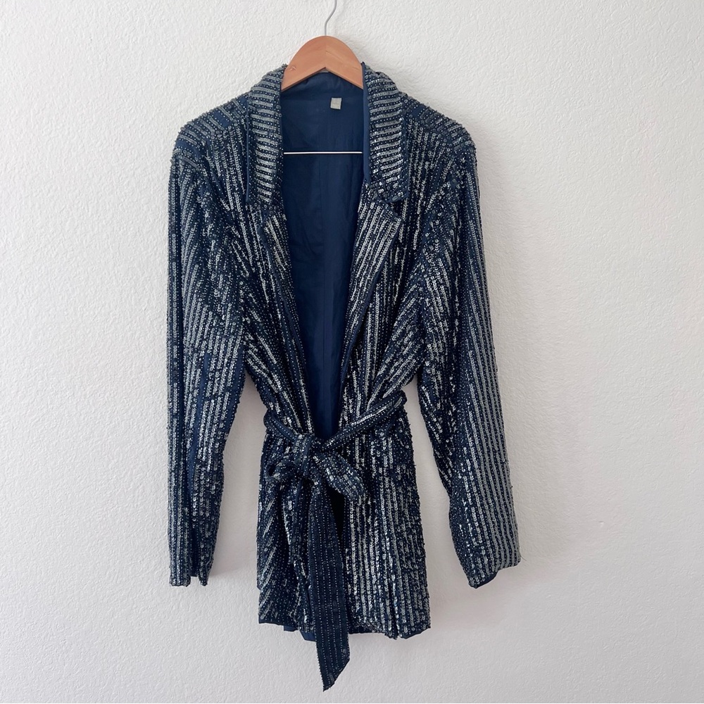 ASOS Plus Navy Sequin Tie Belt Blazer Sz 22